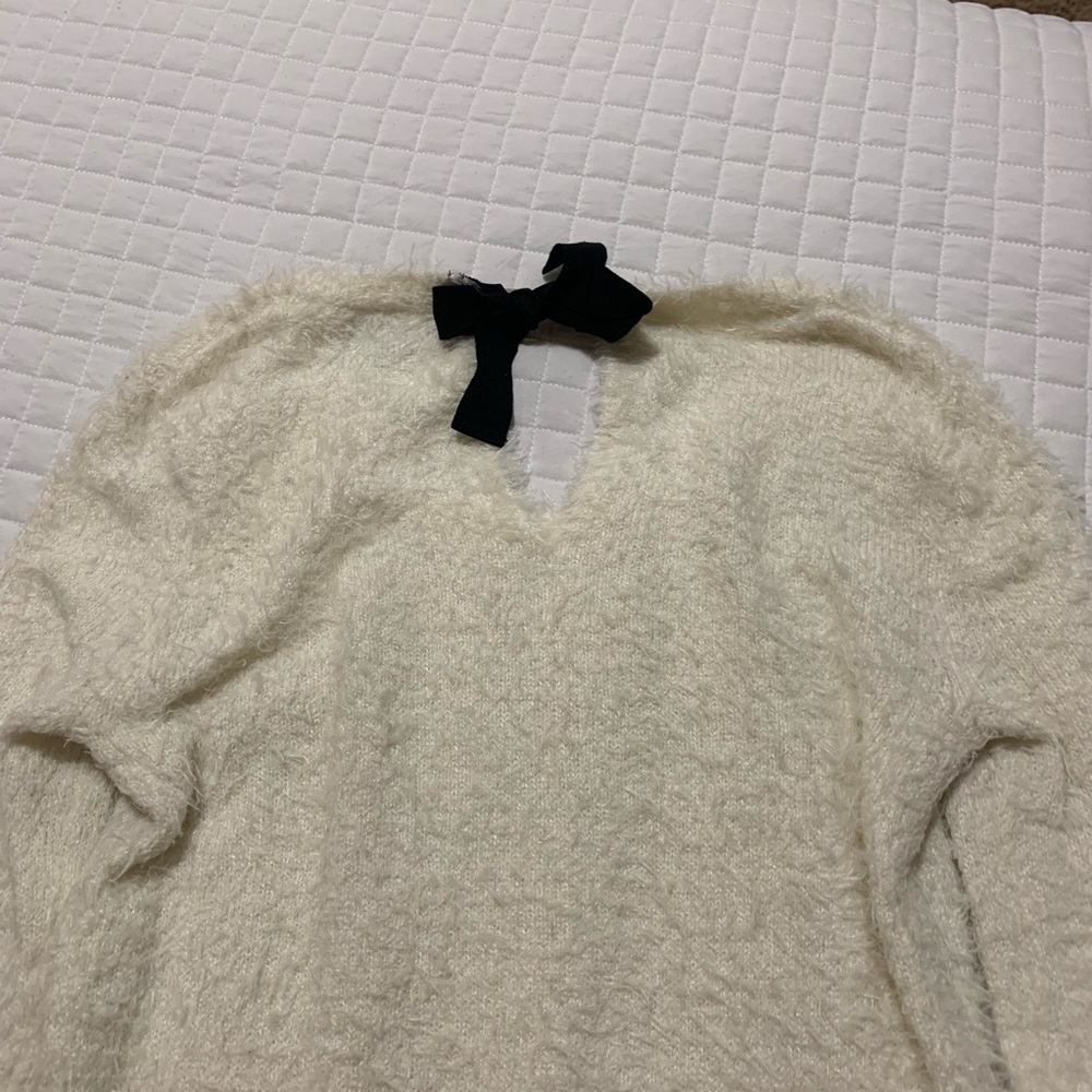 A.N.A Women’s Ivory cozy Fuzzy Sweater with Black Bow - Picture 2 of 6